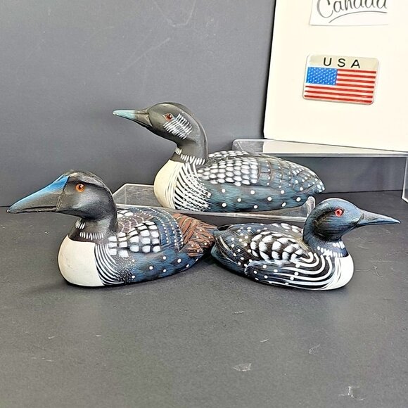 Wood Duck Carvings Handmade In Canada 3pc Loon Bird Watching Decoy? Decor - Picture 9 of 16